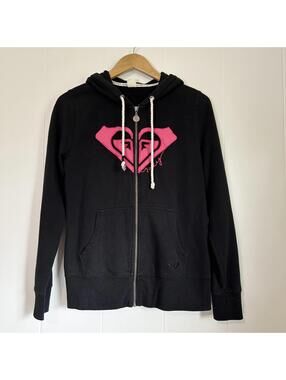 Vintage y2k Roxy Black Logo Zip Up Long Sleeve Hooded Jacket Women's Medium